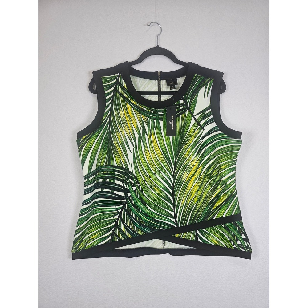 Tropical Worthington Palm Leaf Shell Top Women XL Green Black Crossover Hem NWT
